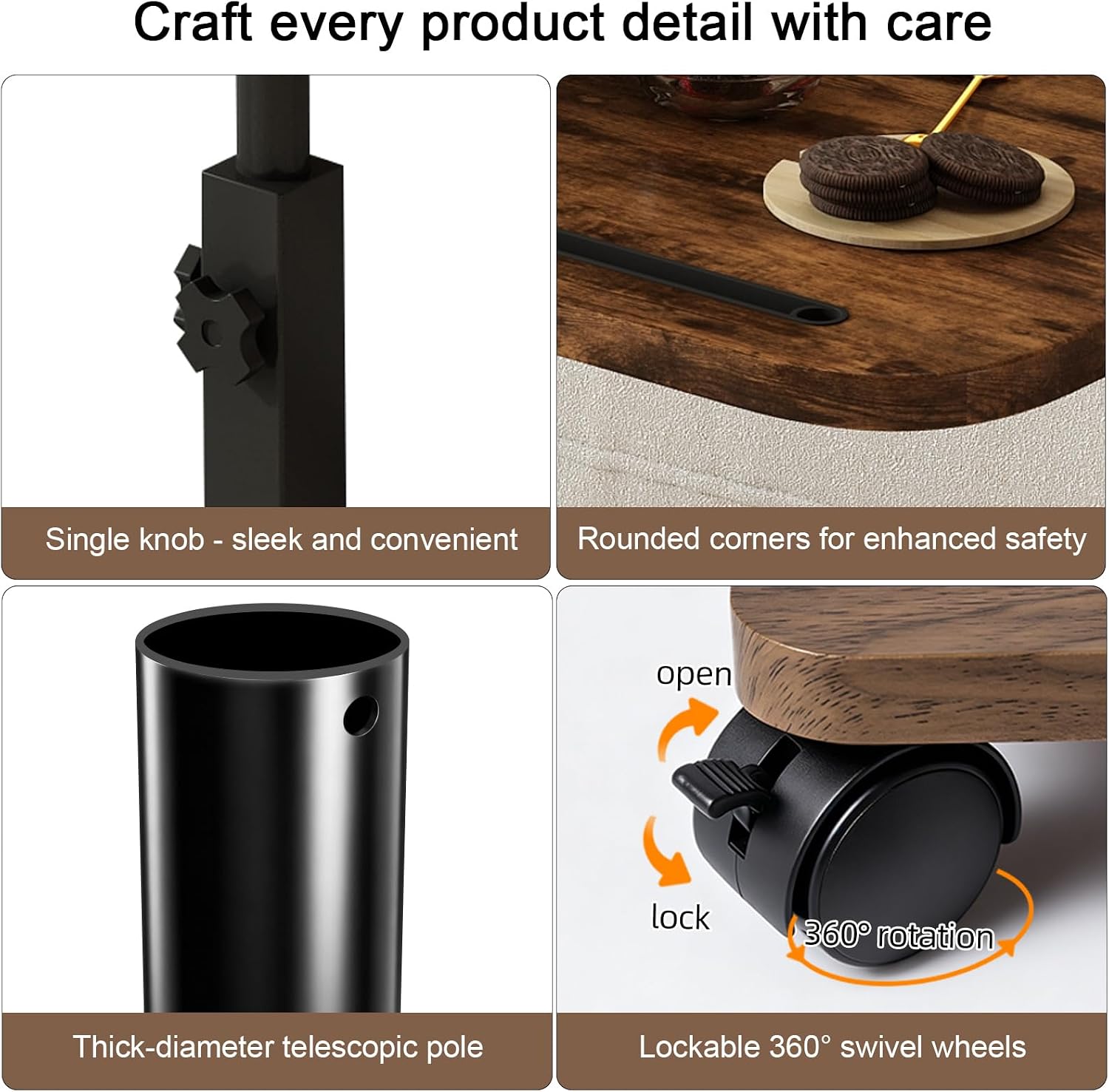 Adjustable TV Tray Side Table 360°Swivel Rolling, Rustic Brown | Adjustable Height, C Shaped, Snack End Table, Wheels, Tablet Slot, Slide Under Sofa, For Small Spaces Living Room Couch Bed