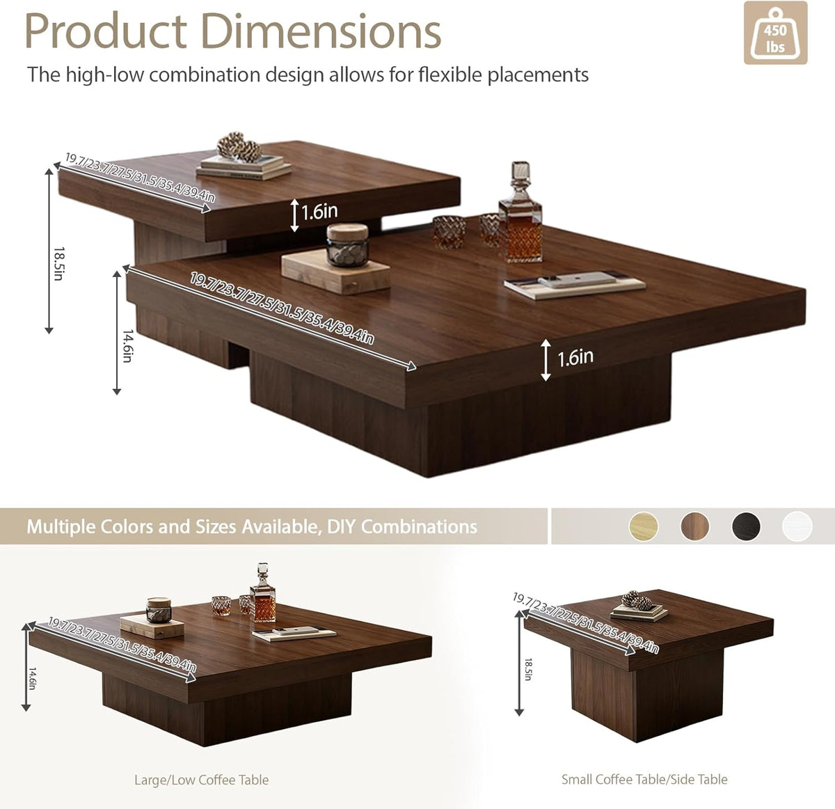 Nesting Coffee Table Set of 2, Modern Square Coffee Tables and Side Table Set, Full Floor Structure, Small Wooden Living Room Table for Living Room, Office, Reception Room