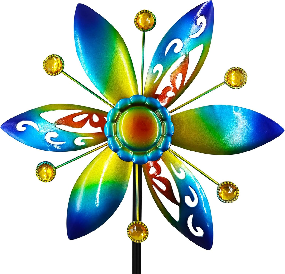 Small Wind Spinner for Outdoor, Kinetic Wind Spinner & Sculpture with Butterfly Cutout Blades & Yellow Acrylic Beads, Decorative Windmill Metal Yard Art for Patio, Lawn & Flower Bed