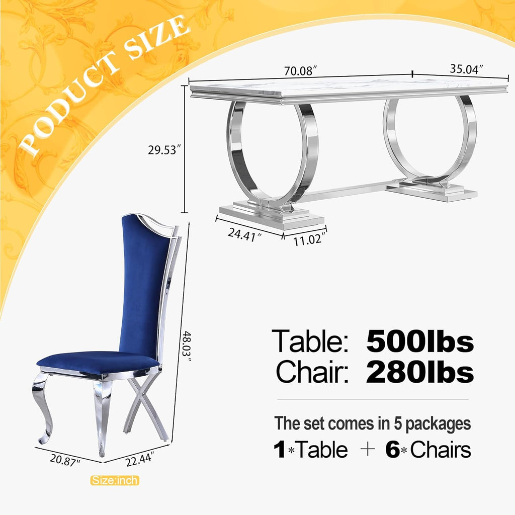 70 in Faux Marble Dining Table Set for 6, Large Kitchen Table and Blue Velvet Chairs, White Silver Modern Dinner Tables with Mirrored Stainless Steel Base, Luxury 7 Piece Dining Set