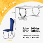 70 in Faux Marble Dining Table Set for 6, Large Kitchen Table and Blue Velvet Chairs, White Silver Modern Dinner Tables with Mirrored Stainless Steel Base, Luxury 7 Piece Dining Set