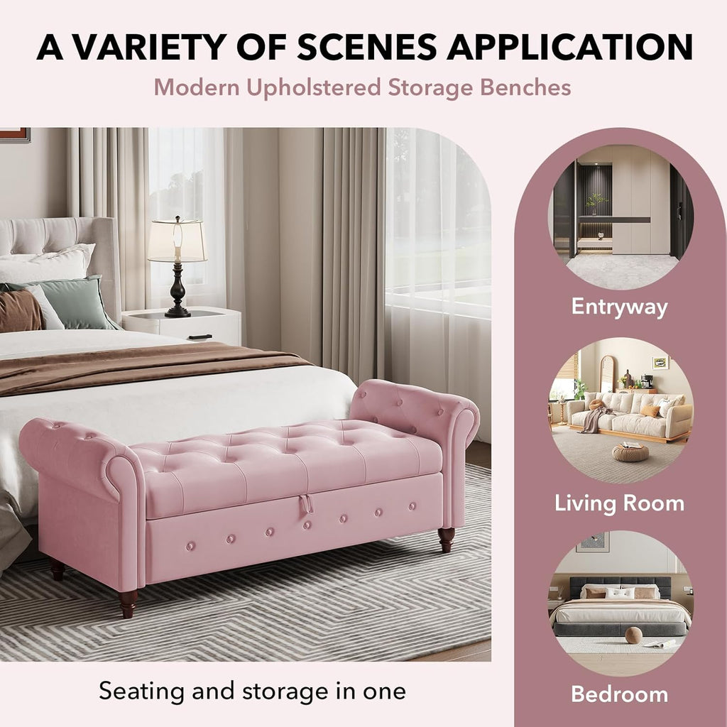 63" Wide Storage Bench, Velvet Upholstered End of Bed Bench with Pull Ring Design, Storage Shoe Cabinet Bench with Rolled Arm, Modern Window Bench for Bedroom (Pink)