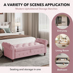 63" Wide Storage Bench, Velvet Upholstered End of Bed Bench with Pull Ring Design, Storage Shoe Cabinet Bench with Rolled Arm, Modern Window Bench for Bedroom (Pink)