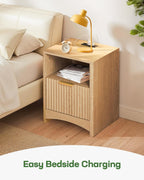 Marsail Fluted Nightstand with Charging Station, Adjustable Bedside Table with USB & AC Ports, 1 Drawer End Table, Wood Grain Finish, Sleek Wide Handle, Perfect for Bedroom, Natural Oak