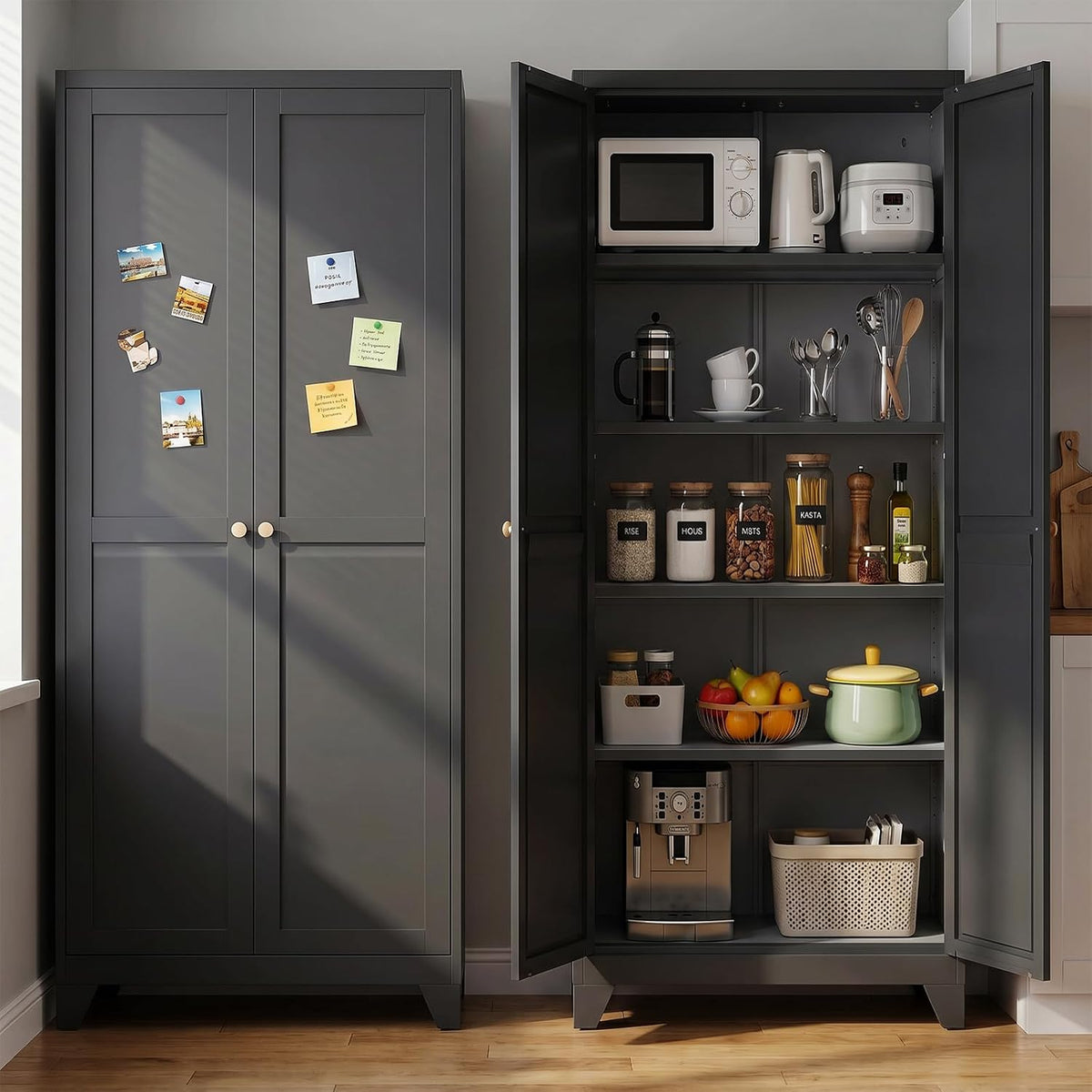 71" Metal Kitchen Storage Cabinet with Doors, Freestanding Steel Pantry Cabinet, 4 Adjustable Shelves, for Dining Room, Black