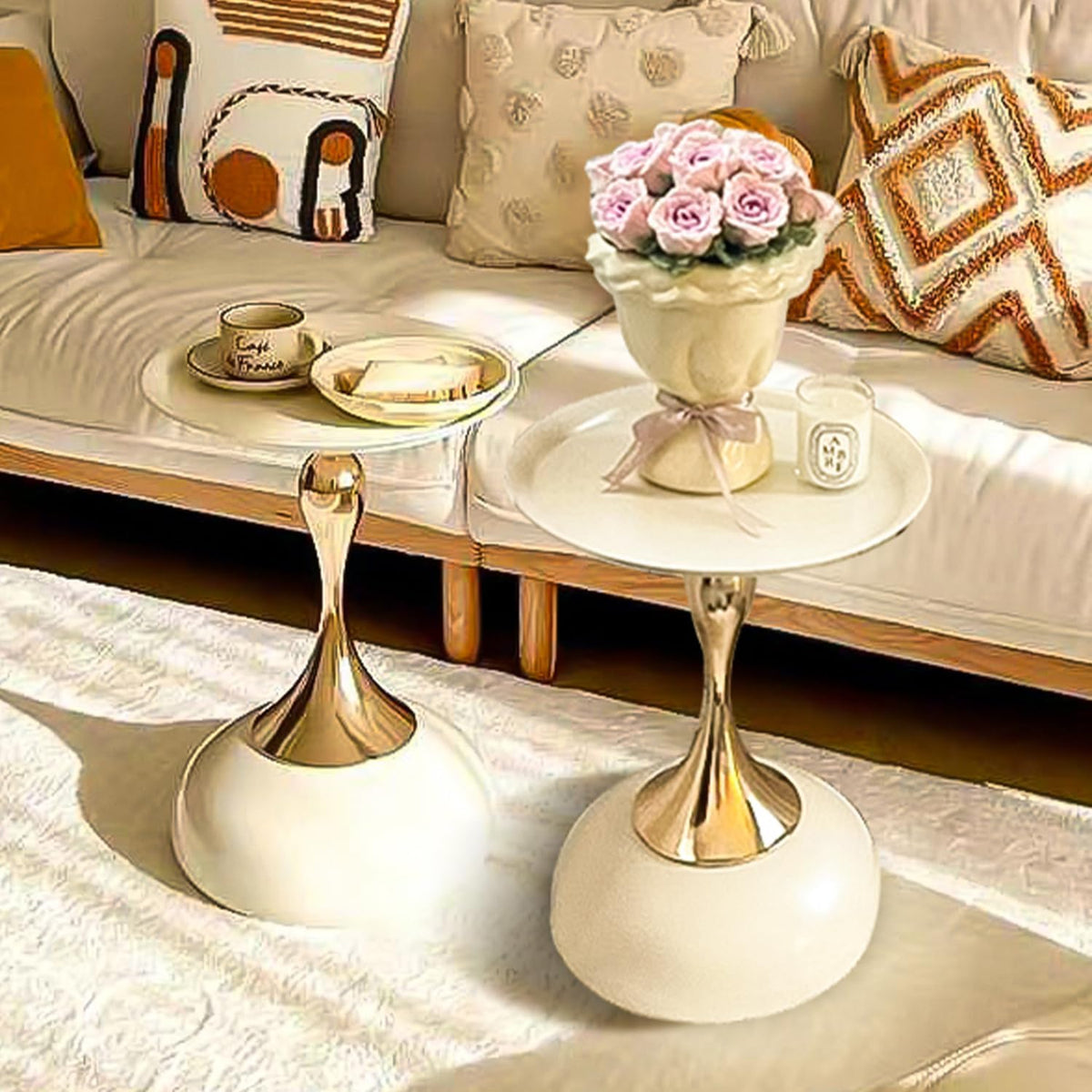 2-Pack Modern Round Side Table - White Tabletop & Gold Pedestal Base, Stylish Accent End Table for Living Room, Bedroom & Office (White Set)