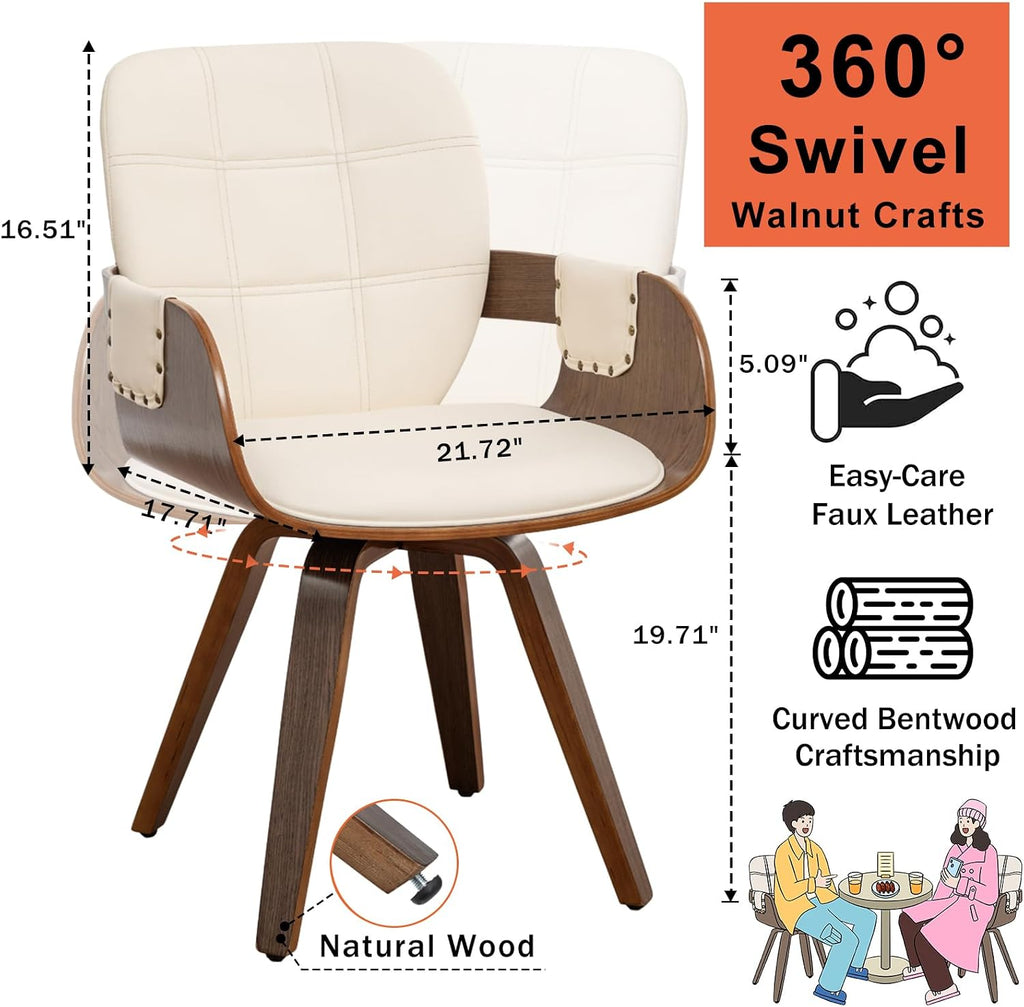 Dining Chairs Set of 6, 360° Swivel Faux Leather Dining Room & Kitchen Chairs with Arms, Ergonomic Curved Back, 19.7" Seat Height, Bentwood Solid Wood Frame, Walnut Finish, Mid-Century Modern, Beige