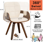 Dining Chairs Set of 6, 360° Swivel Faux Leather Dining Room & Kitchen Chairs with Arms, Ergonomic Curved Back, 19.7" Seat Height, Bentwood Solid Wood Frame, Walnut Finish, Mid-Century Modern, Beige