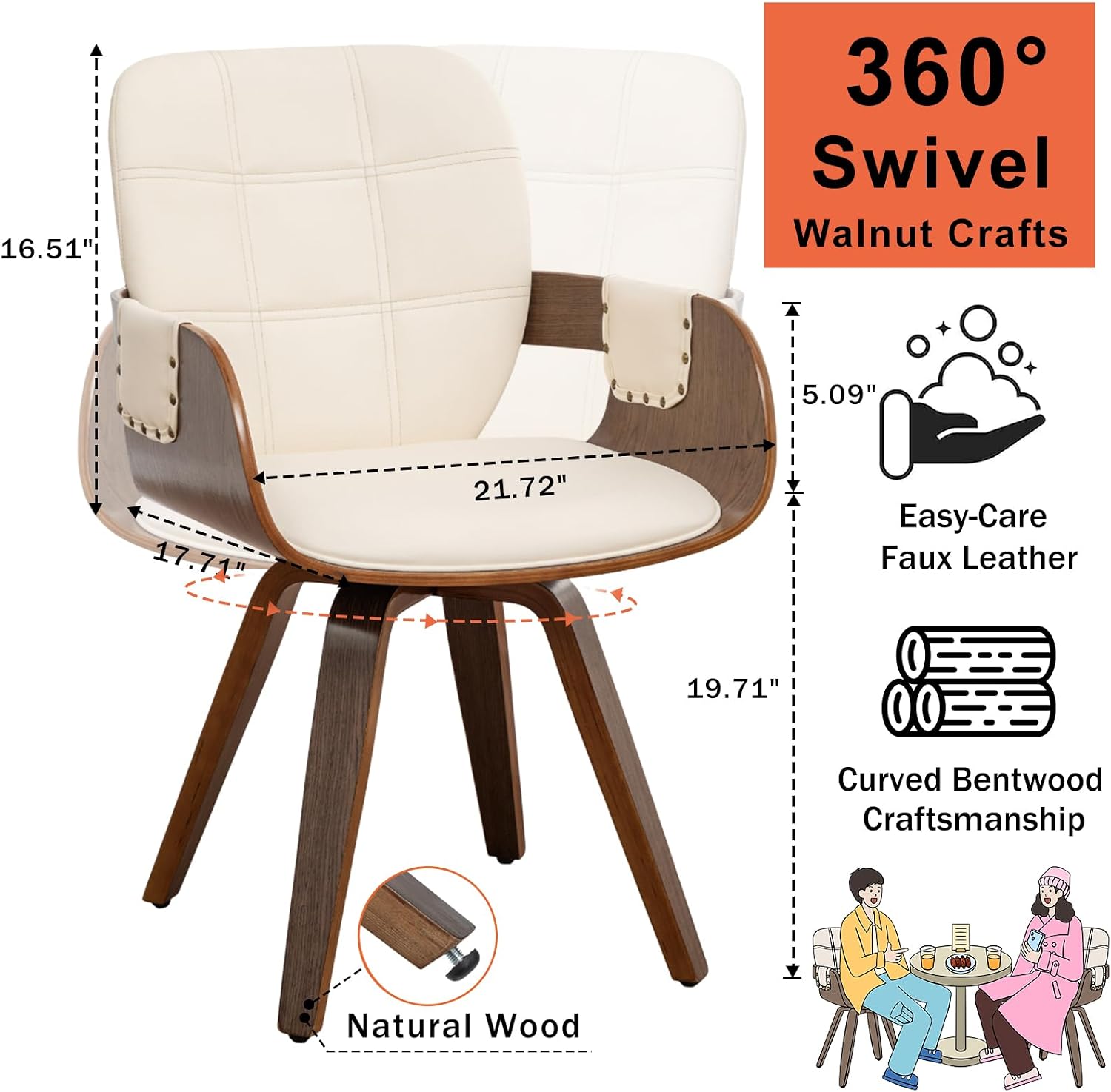 Dining Chairs Set of 6, 360° Swivel Faux Leather Dining Room & Kitchen Chairs with Arms, Ergonomic Curved Back, 19.7" Seat Height, Bentwood Solid Wood Frame, Walnut Finish, Mid-Century Modern, Beige