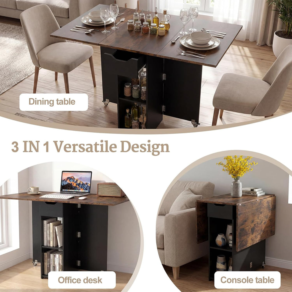 GOFLAME Drop Leaf Dining Table for 2-4, Folding Kitchen Table with Open Shelves & Drawer, Lockable Wheels, Space Saving Extendable Table for Dining Room, Living Room, Small Space, Rustic Brown & Black