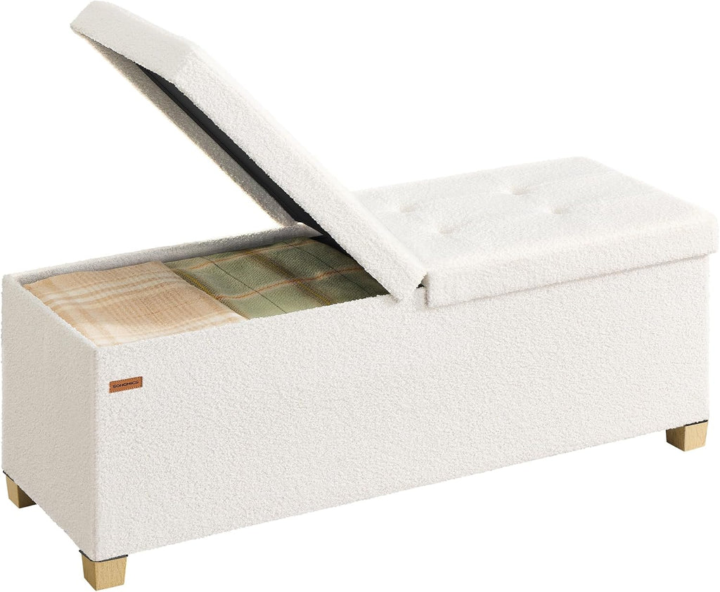 SONGMICS Storage Ottoman Bench with Legs, Flipping Lid, 43.3 Inches | Folding Ottoman Foot Rest, Teddy Fleece, for Living Room, Bedroom, Entryway, Cream White, Mazie Collection ULSF081WD01