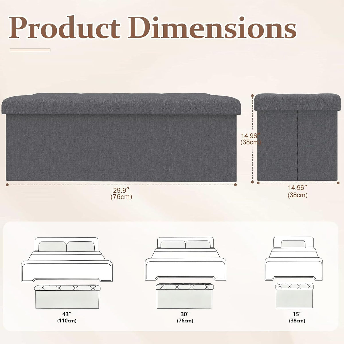 30 Inches Ottoman with Storage, Folding Ottoman Bench Set, Storage Bench for Bedroom, Chest for Entryway, Living Room, Support 500LBS Grey