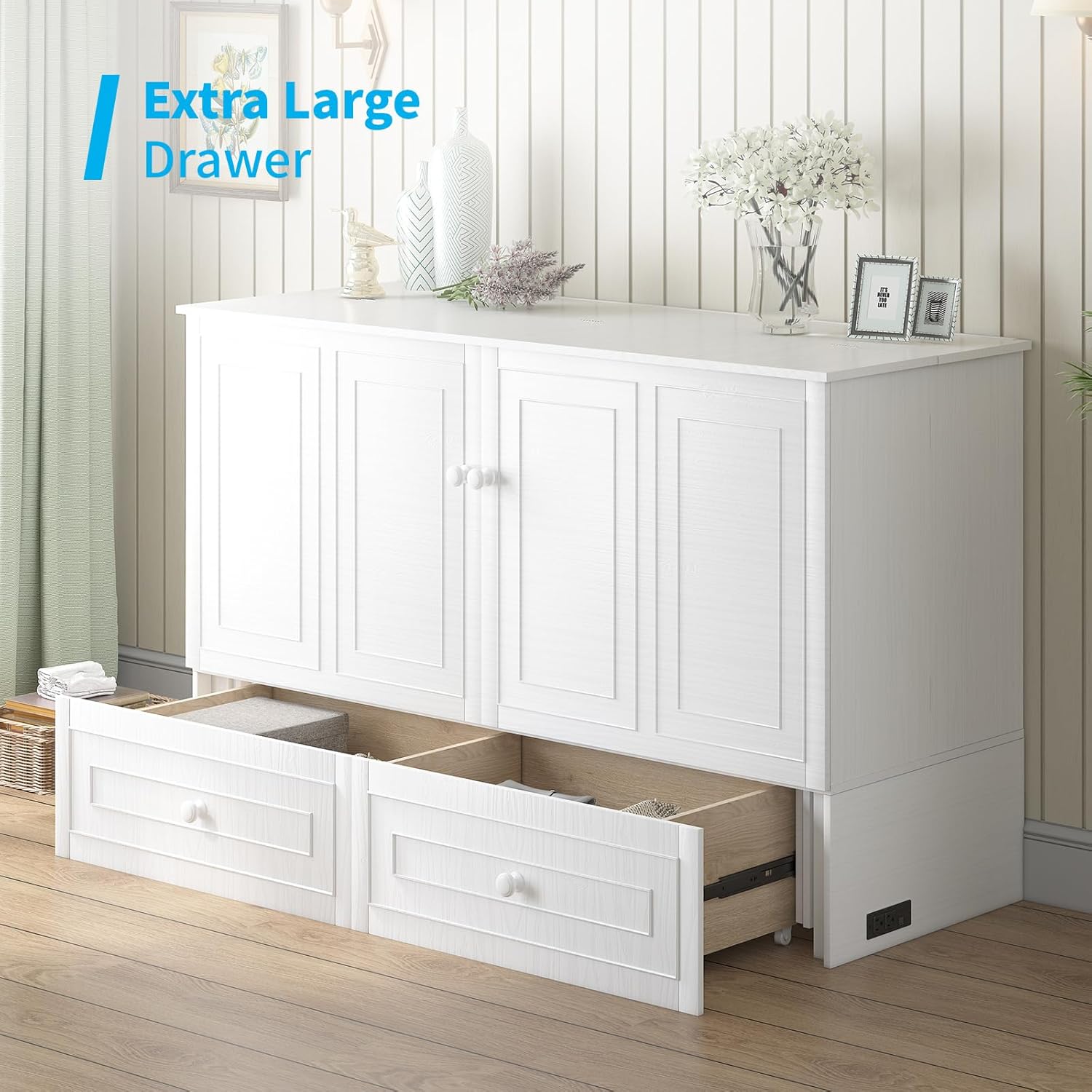 Mjkone Murphy Cabinet Bed Queen Size White No Mattress | with Tri-Folding Mattress, 2 Storage Drawers & USB Charging Station, Wooden Wall Chest Bed