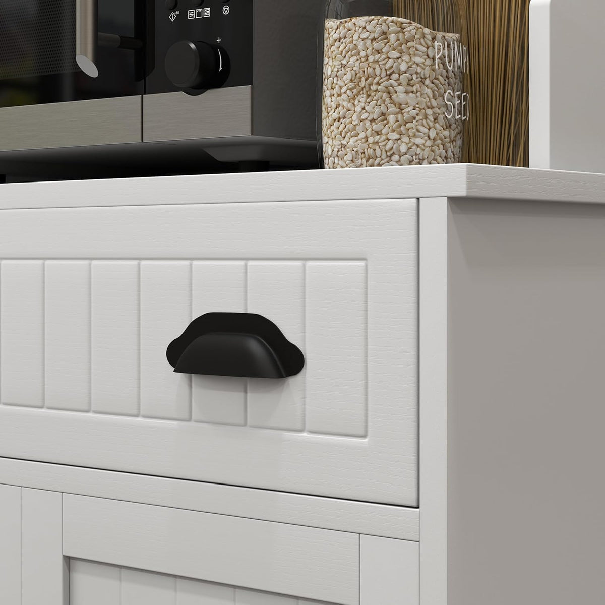 Microwave Cabinet with Storage Drawer, Double Door Cabinet and Adjustable Shelf, Buffet and Cable Hole, Storage Cabinet for Kitchen, Dining Room, Living Room, White
