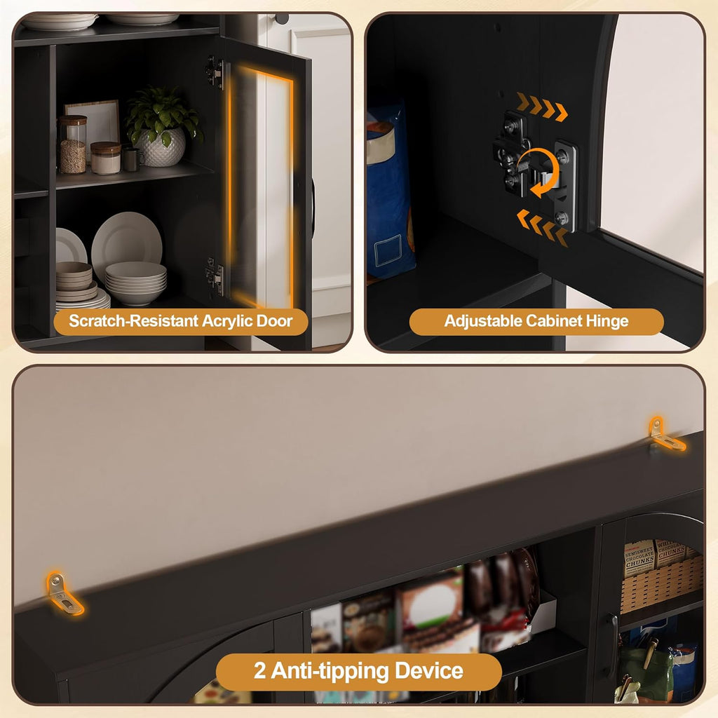 BINGTOO 71" Tall Kitchen Pantry Cabinet with Charging Station, 54" Large Kitchen Hutch with LED Lights & Pegboard, Coffee Bar Cabinet with Wine Rack and Adjustable Shelves (Black, 1 Cabinet)