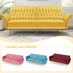 70” Velvet Futon Sofa Bed w/Adjustable Armrests & 2 Pillows, Convertible Futon Couch w/Adjustable Backrests, Modern Sleeper Bed for Living Room, Bedroom, Yellow