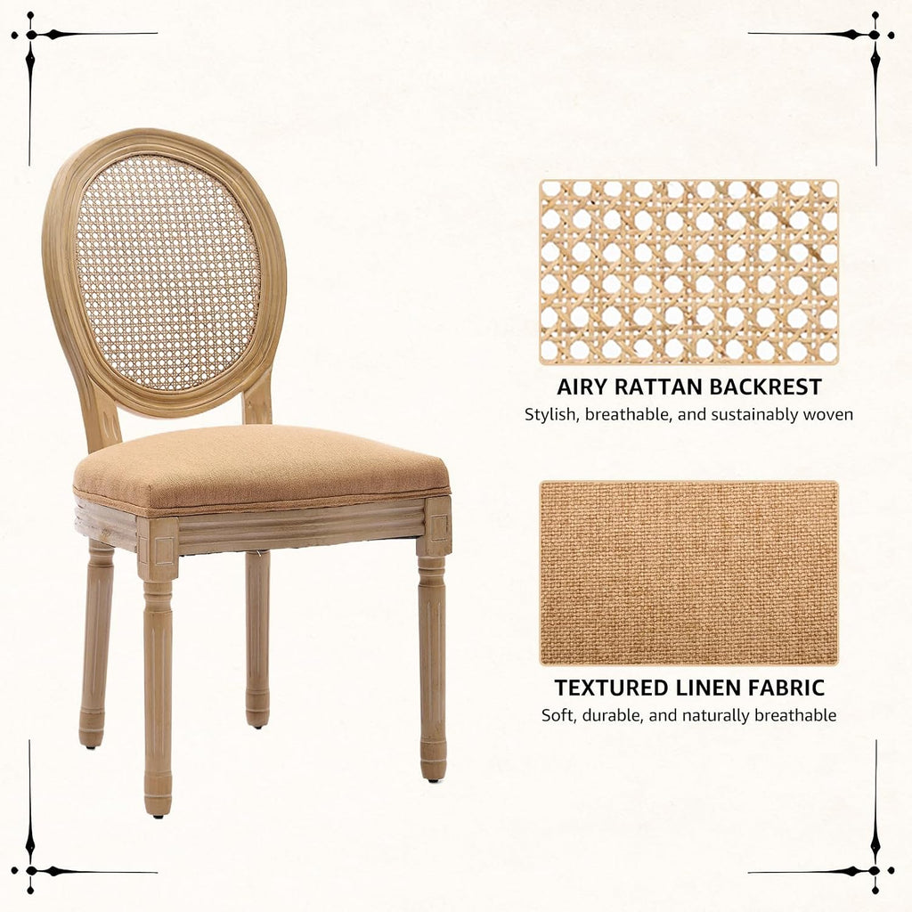 Vintage French Rattan Dining Chairs Set of 4, Round Back Accent Chairs with Rattan Backrest and Upholstered Linen Seat, Solid Wood Frame Sillas de Comedor for Dining Room & Kitchen, Camel