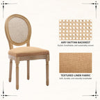 Vintage French Rattan Dining Chairs Set of 4, Round Back Accent Chairs with Rattan Backrest and Upholstered Linen Seat, Solid Wood Frame Sillas de Comedor for Dining Room & Kitchen, Camel