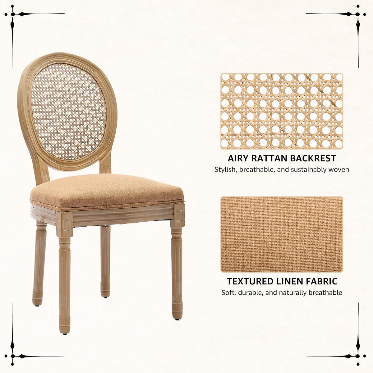 Vintage French Rattan Dining Chairs Set of 4, Round Back Accent Chairs with Rattan Backrest and Upholstered Linen Seat, Solid Wood Frame Sillas de Comedor for Dining Room & Kitchen, Camel