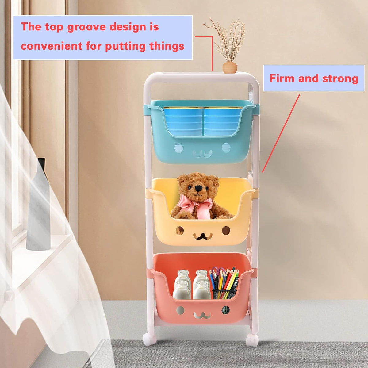 Kids Toy Storage Organizer, Multicolor, 3-Tier Rolling Cart | Children Playroom Decor, Doll Activity Rack Shelf, Plastic Bins Box, Universal Wheels