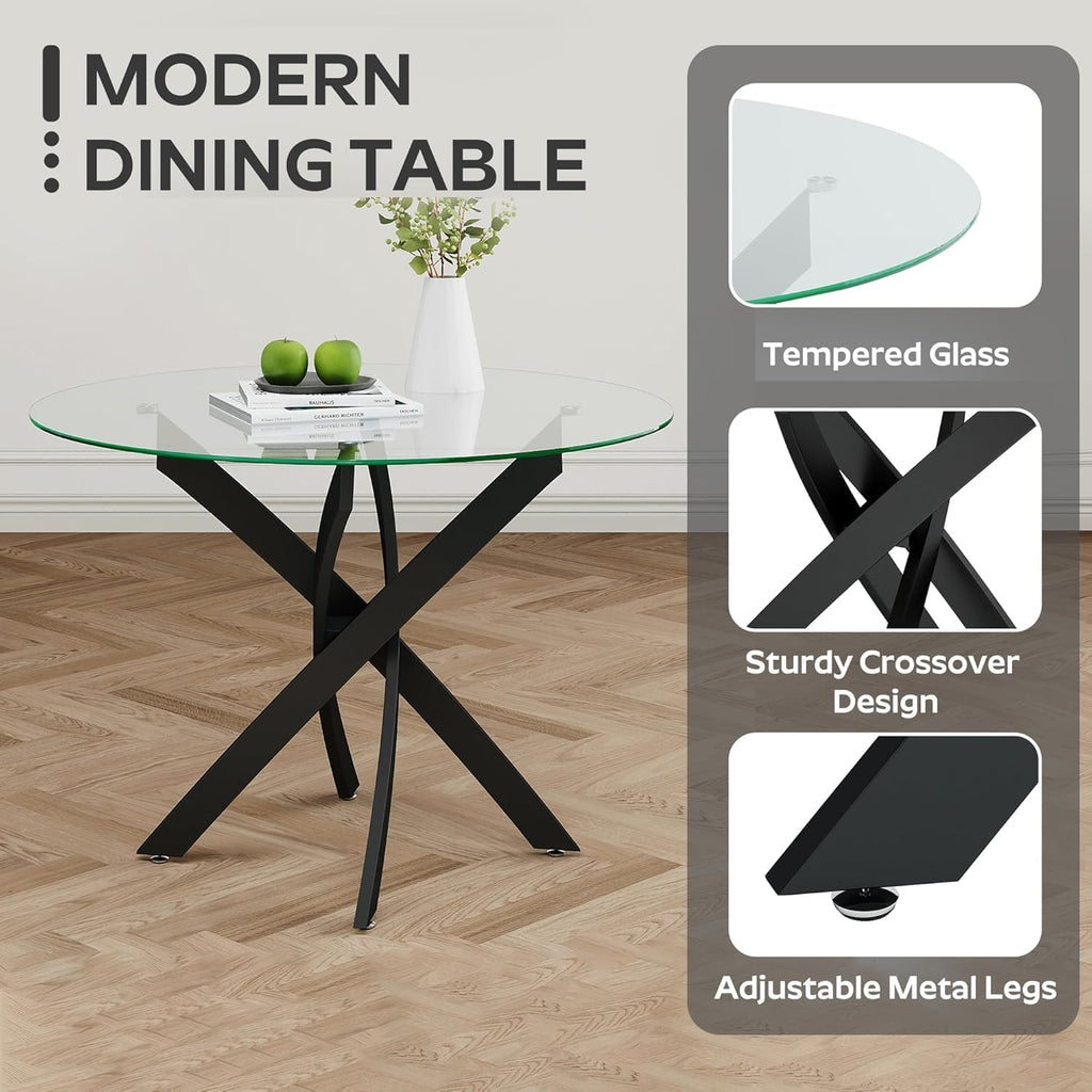 36" Round Dining Table Set for 4, Small Round Kitchen Table with 4 Boucle Dinner Chairs, Modern Circle 5 Piece Glass Dining Table with Metal Legs(White&Black)