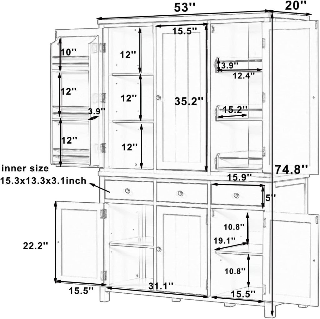 Merax 74.8'' Tall Kitchen Pantry Storage Cabinet with 6 Doors, 3 Drawers and Adjustable Shelves, Freestanding Large Cupboard & Pull-Out Trays for Kitchen, Dining Room, Living Room, Blue