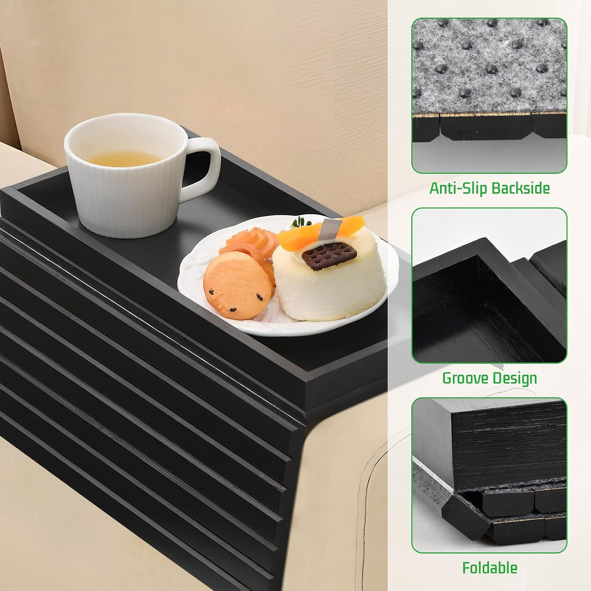 Couch Armrest Table, Bamboo Couch Cup Holder, Couch Cup Holder Tray, Sofa Arm Tray, Armchair Caddy 12.4" x 5.5" with Nonslip Felt Bottom, Sturdy Bamboo Slats for Armrests 6" and Wider (Black)