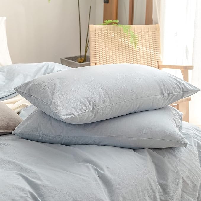 BESTOUCH Duvet Cover Set 100% Washed Cotton Linen Feel Super Soft Comfortable Chic Lightweight 3 PCs Home Bedding Set Solid Cornflower Blue Super Queen