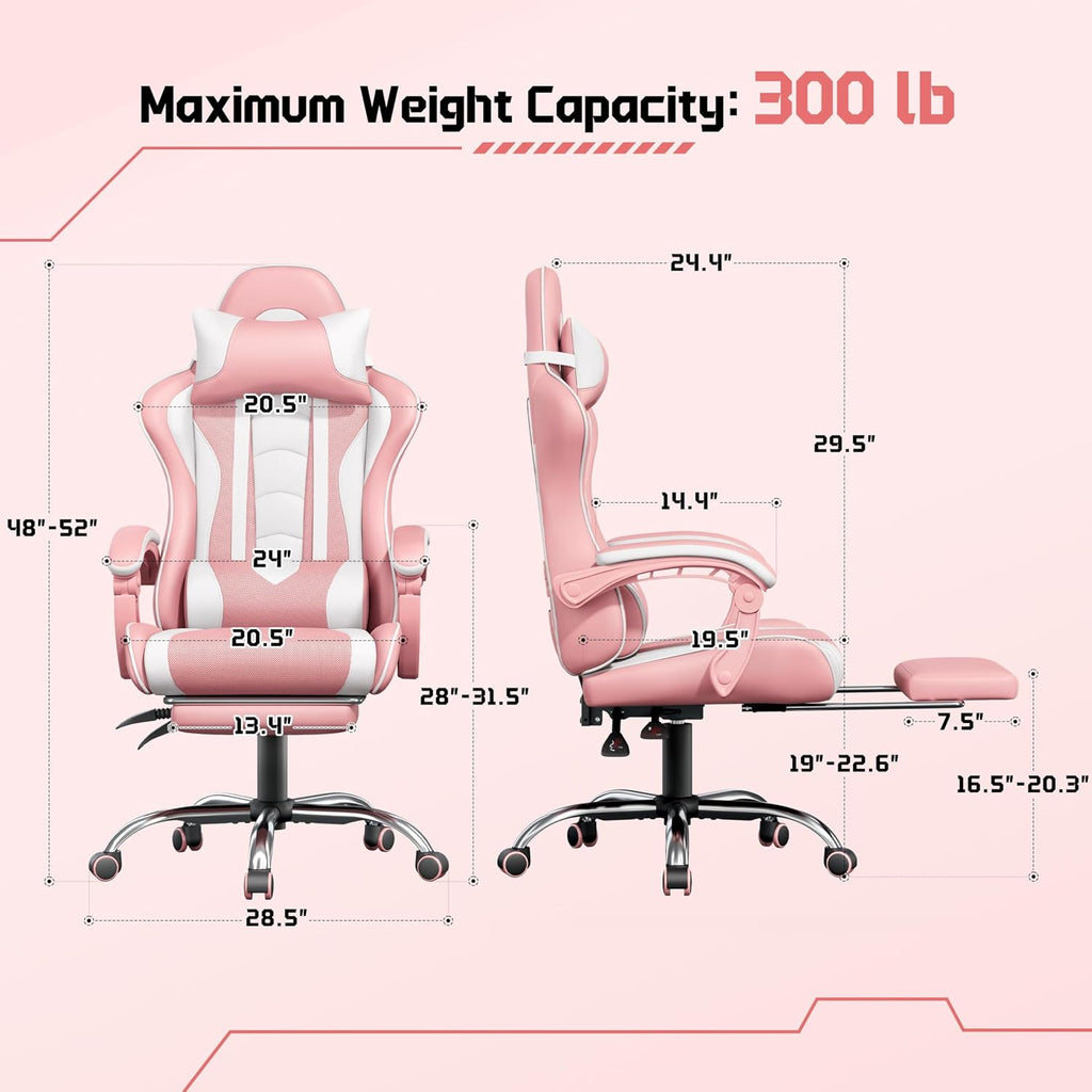 Yaheetech Gaming Chair with Footrest Massage Lumbar Pillow Pink and White | Foam-padded PU leather racing seat and plush headrest recline with a slide-out footrest; metal frame supports up to 300 lb.