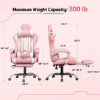 Yaheetech Gaming Chair with Footrest Massage Lumbar Pillow Pink and White | Foam-padded PU leather racing seat and plush headrest recline with a slide-out footrest; metal frame supports up to 300 lb.