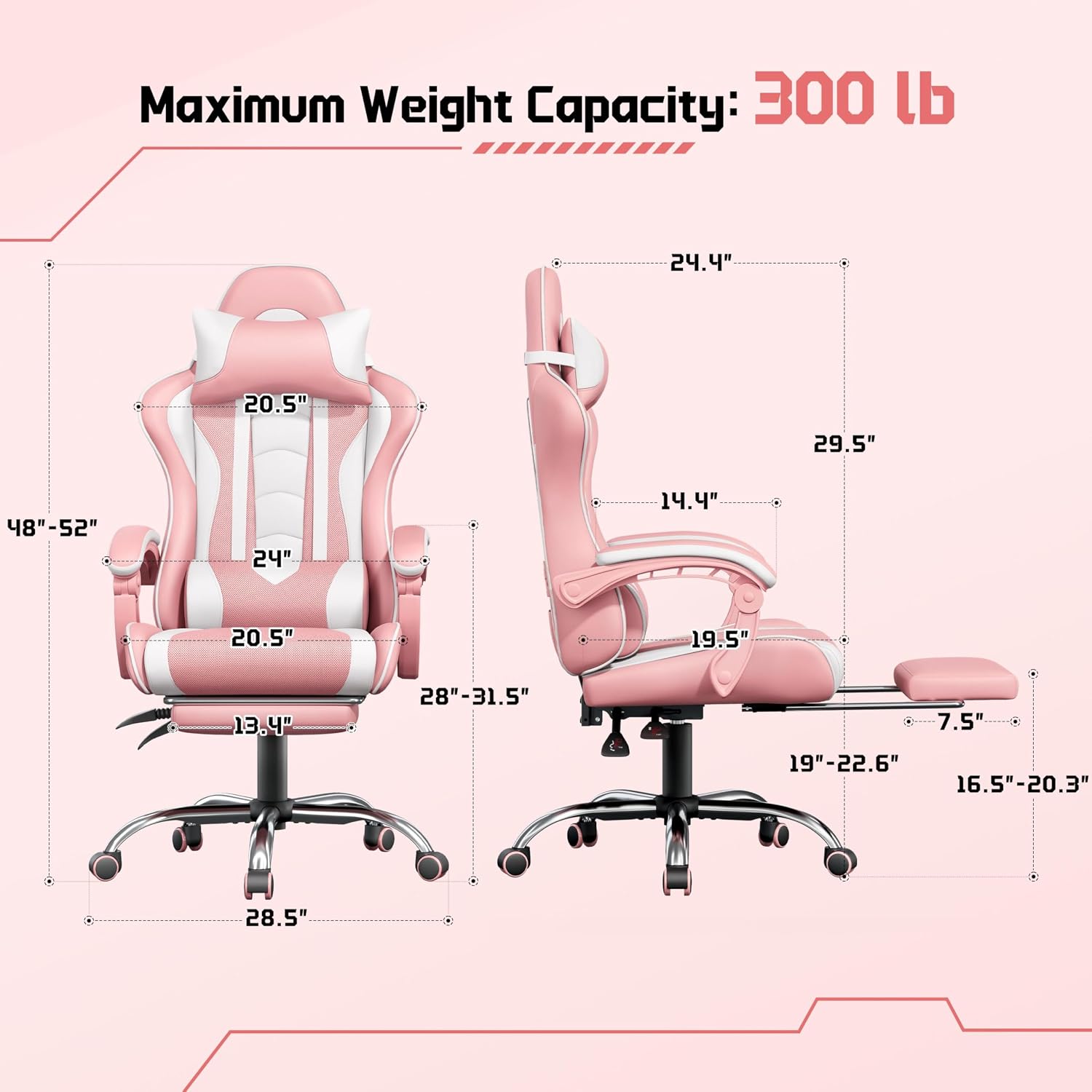 Yaheetech Gaming Chair with Footrest Massage Lumbar Pillow Pink and White | Foam-padded PU leather racing seat and plush headrest recline with a slide-out footrest; metal frame supports up to 300 lb.