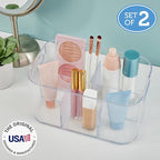 STORi Bliss 5-Compartment Plastic Cosmetics Storage Organizer, Set of 2 | Clear | Rectangular Divided Makeup Bin & Vanity Caddy with Pass-Through Handles | Round Corner Design | Made in USA