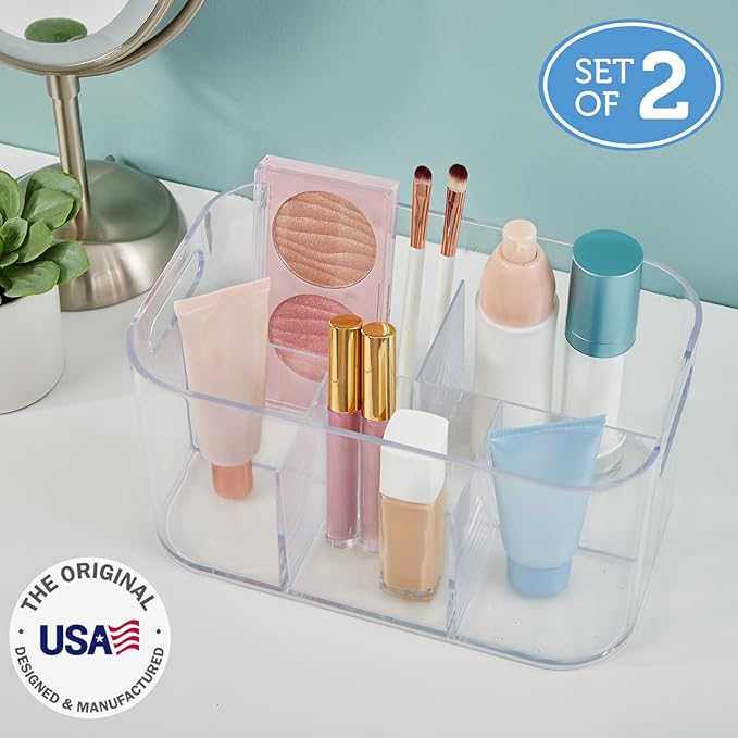 STORi Bliss 5-Compartment Plastic Cosmetics Storage Organizer, Set of 2 | Clear | Rectangular Divided Makeup Bin & Vanity Caddy with Pass-Through Handles | Round Corner Design | Made in USA