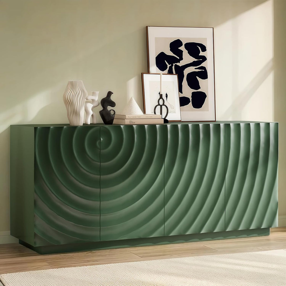 4 Door Modern Sideboard Buffet Cabinet with Spiral Grain, Accent Storage Sideboard Freestanding Anti-Dumping Storage Cabinet Buffet for Kitchen & Living Room (Green)