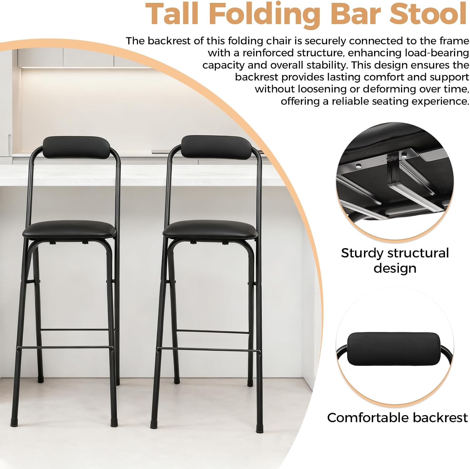 Folding Stool, Cushioned Padded Folding Stool Portable Bar Stool with Back for Camping Kitchen Home Office, Tall Bar Collapsible Stools (Black, 1Pcs 27.56in)