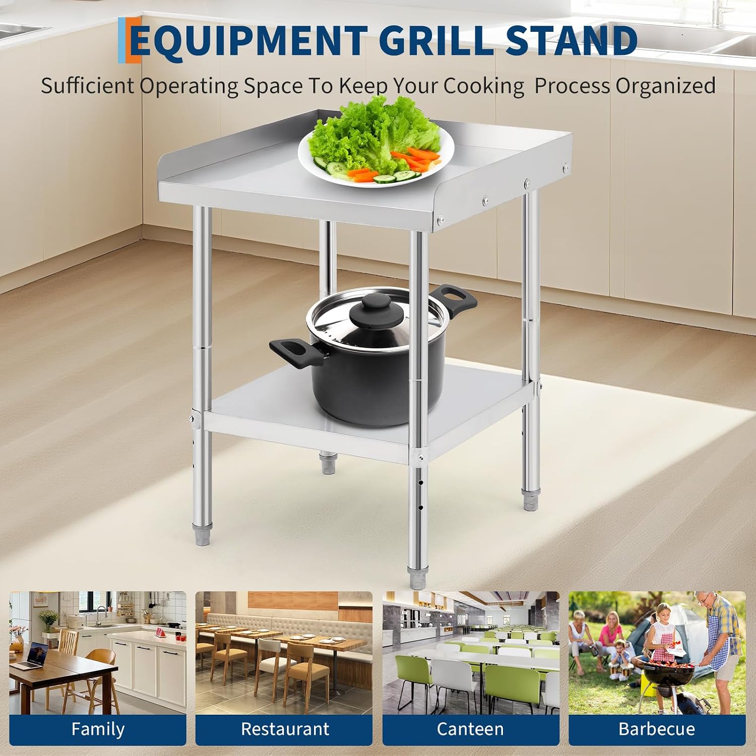 Equipment Grill Stand Table 12x24x30 Inch Stainless Steel NSF Certified 400 Lbs Capacity with Adjustable Legs, 2" Edge Baffle, for Hotel, Home, Commercial Restaurant Kitchen