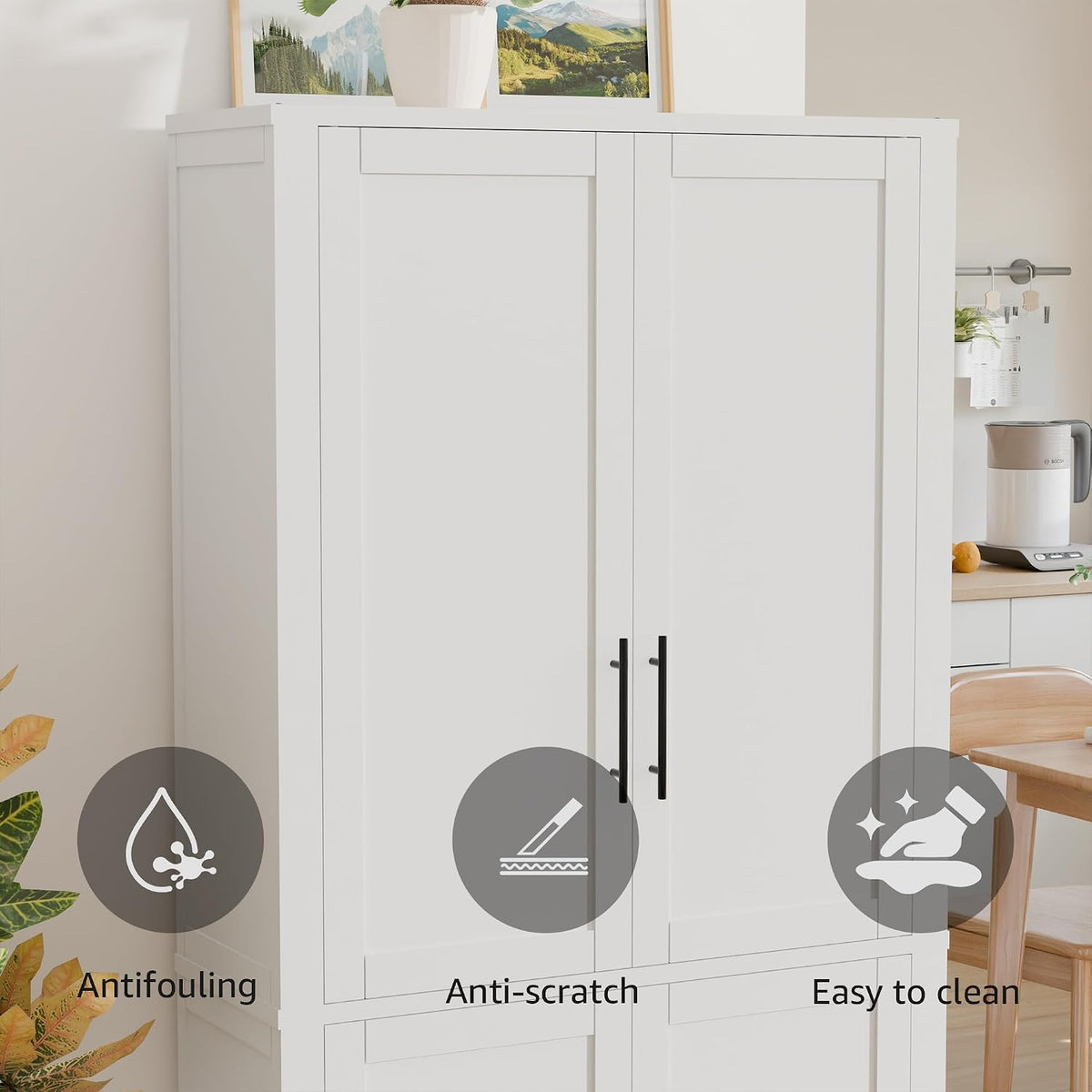 67" Kitchen Pantry Cabinet, 28"W Storage Cabinet for Kitchen, Living Room | 67" x 28" x 15" size, 4 adjustable shelves, engineered wood, anti-tip compatible, Shaker doors, White
