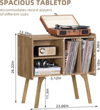 LELELINKY Wide Record Player Stand, 4-Cubby Vinyl Storage Table, Oak Grey | Mid-Century Modern Turntable Stand with Wood Legs, Up to 120 Albums, Vinyl Holder Display Shelf for Bedroom and Living Room
