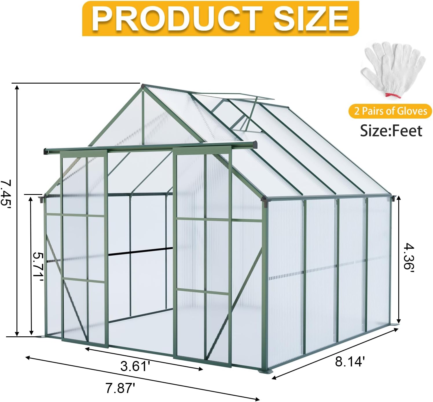 KEIKI 8x8 FT Double Door Polycarbonate Greenhouse with Aluminum Frame,Raised Base and Roof Vent,Walk-in Greenhouses for Patio Garden Backyard