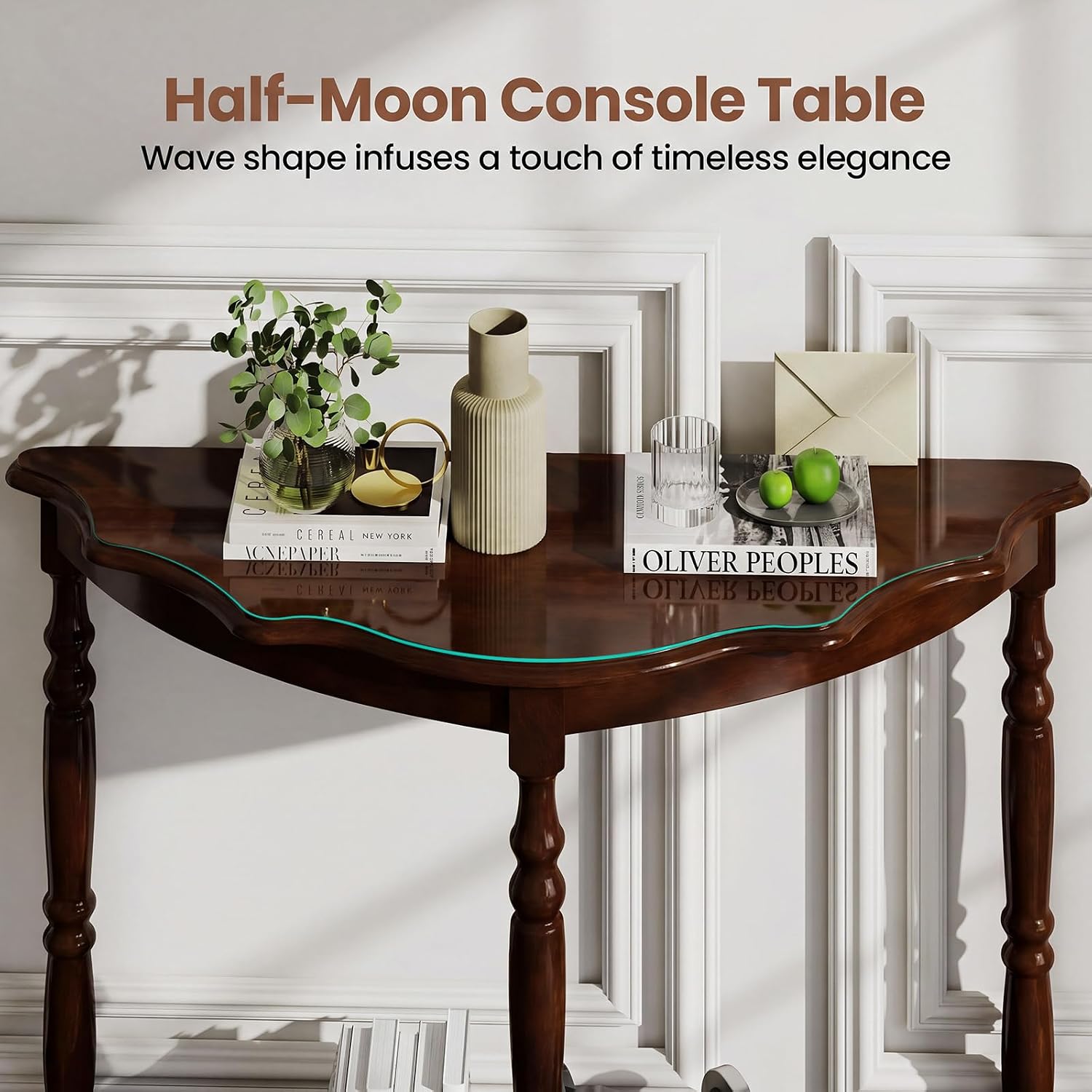 Giantex 42" Half Moon Console Table, 2-Tier Semi-Circle Entryway Table with Storage Shelf & Carved Rubber Wood Legs, Vintage Round Curved Sofa Tables for Living Room, Hallway, Entrance