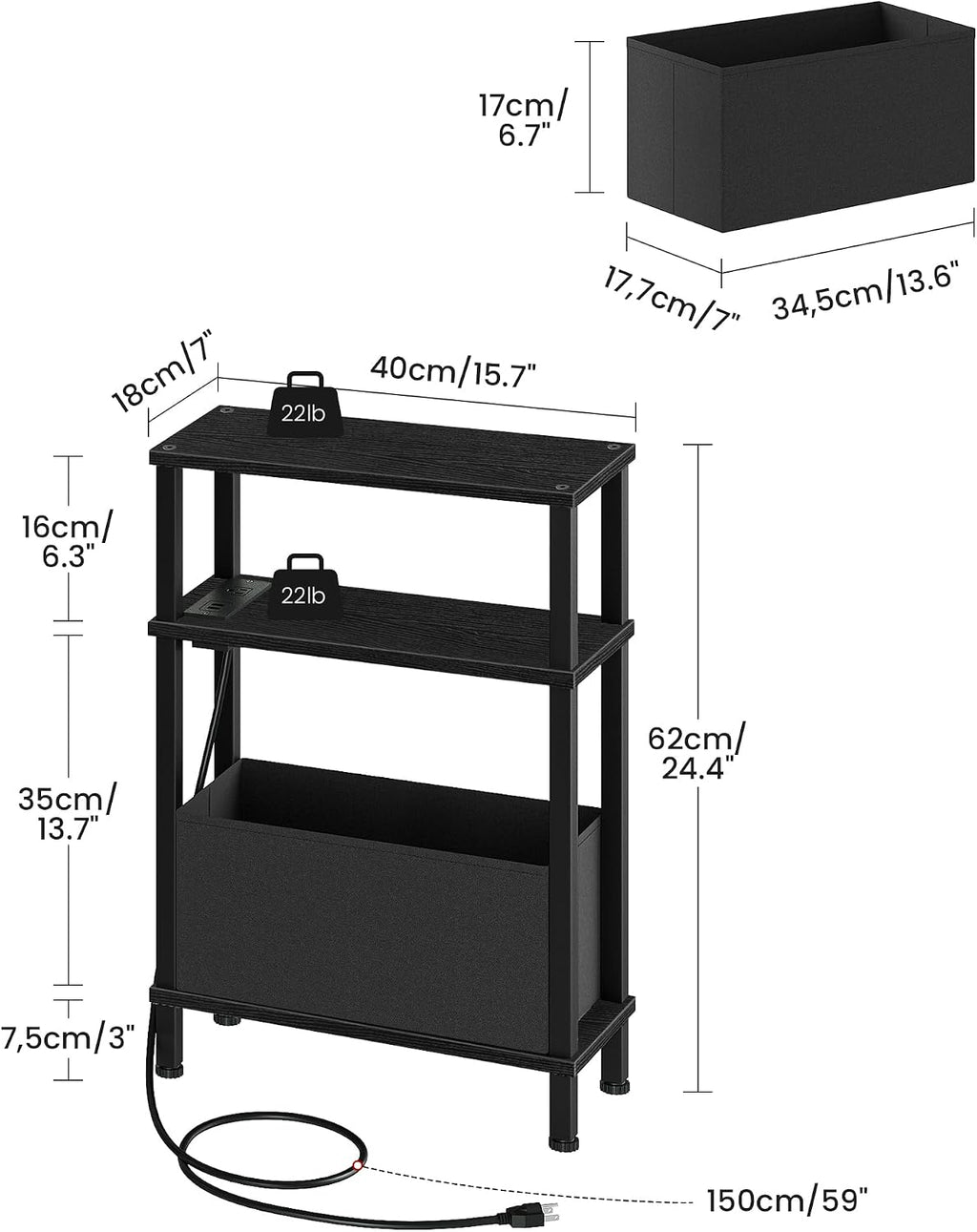 CHOEZON Set of 2 End Tables with Charging Station, Narrow Side Table for Small Spaces, Slim Nightstand with Basket, Skinny Bedside Table, for Living Room, Bedroom, Black TBZ07UP2BBN1