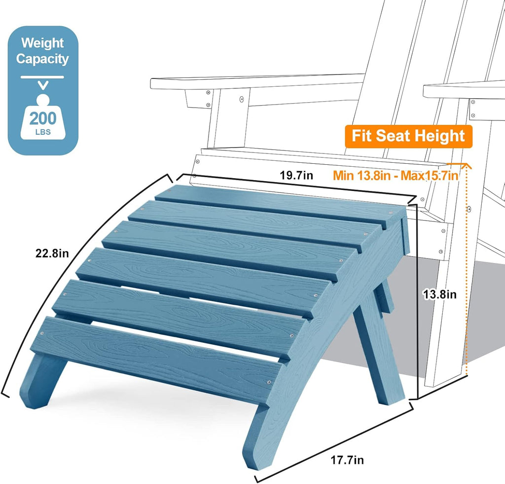 MXIMU Folding Adirondack Ottoman Set of 4: HIPS Plastic Outdoor Footrest Easy Assembly - All Weather Foot Stool Foot Rest for Adirondack Chair Use in Patio Garden Backyard Pool (Blue)