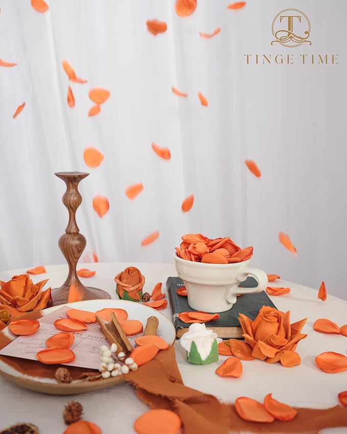 TINGE TIME Silk Flowers: 200pcs Rose Petals for Wedding, Decoration, Bridal Showers, Flower Girl Petals for Anniversaries & Parties (Burnt Orange)