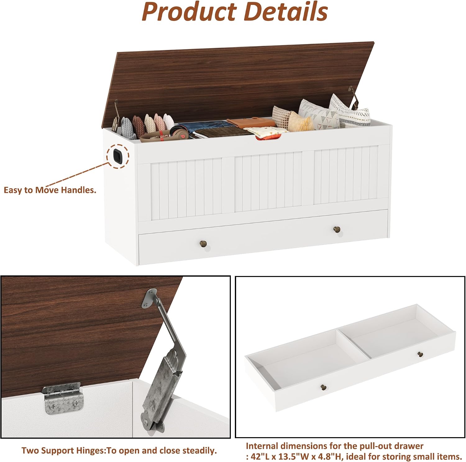 HOMEFORT 44.3" Storage Chest with 2 Drawers, Retro Wooden Storage Trunk with 2 Safety Hinges,Large Shoe Bench with Storage for Entryway, Storage Bench for Bedroom, Living Room, White and Brown