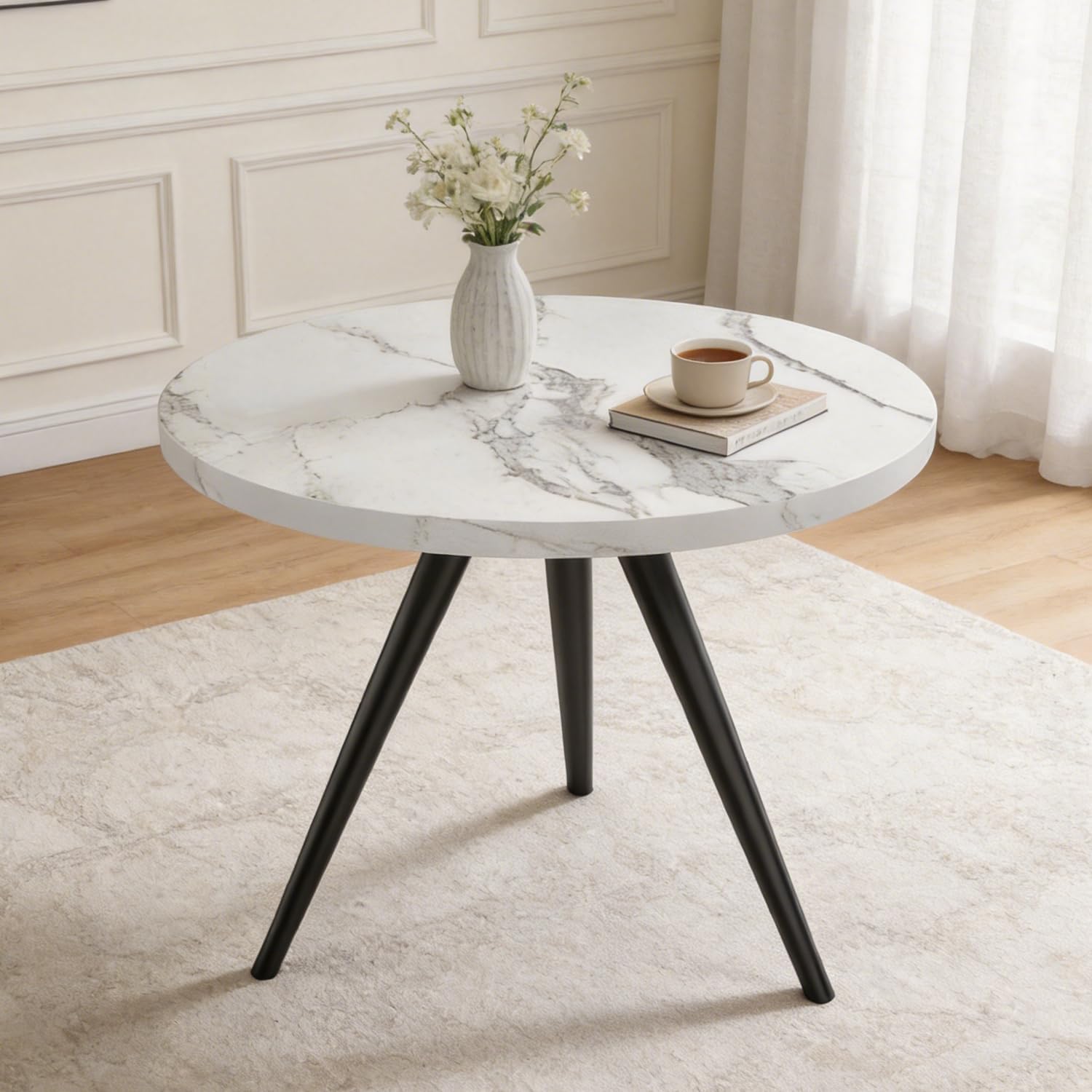 34.6" Round Dining Table for 4 People, Modern Kitchen Coffee Table White | Space-saving MDF Top, Tapered Legs & Thickened Edge, Sturdy & Seamless, Small Table Great for Dining Room, Office, Apartment