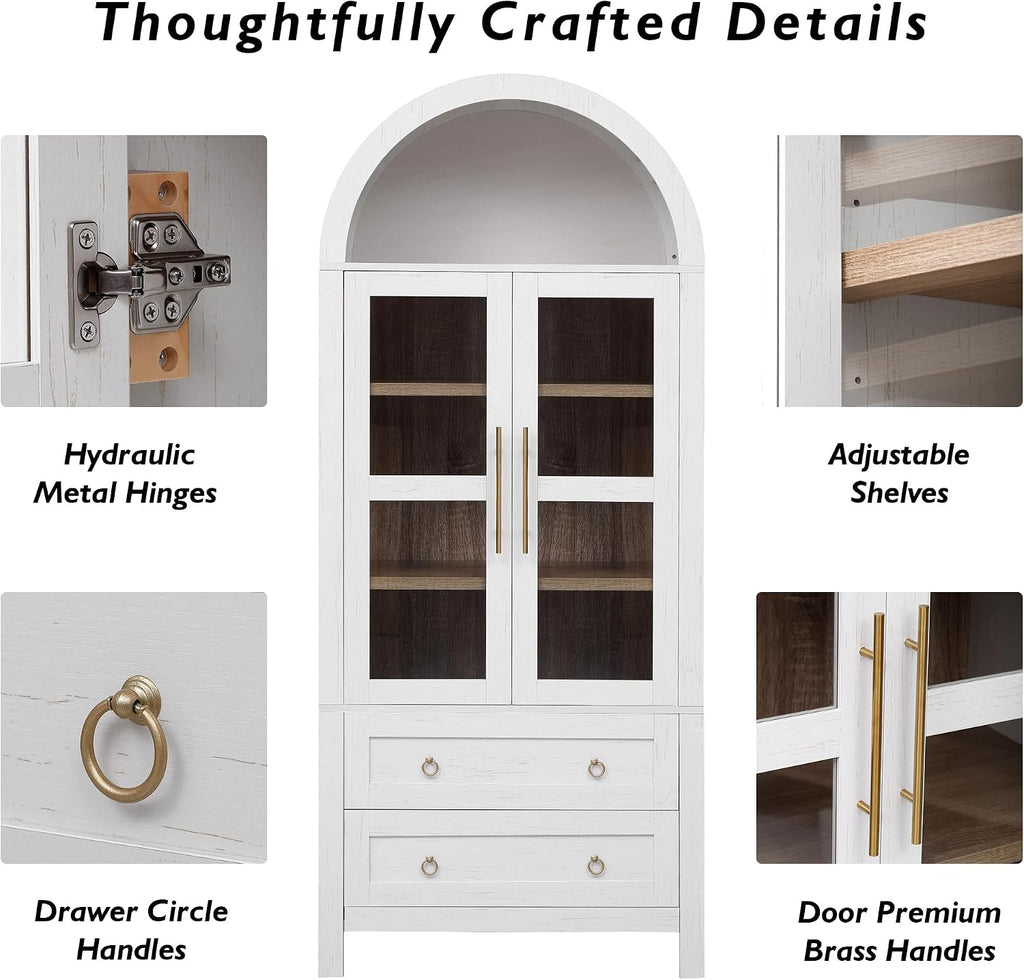71" Tall Arched Kitchen Pantry Cabinet, Modern Farmhouse Freestanding Food Storage Cabinet with 2 Large Drawers & Adjustable Shelves, Glass Door Wood Cupboard for Kitchen & Dining Room,White