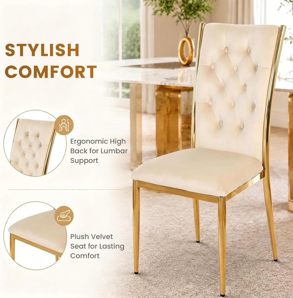 Velvet Dining Chairs Set of 4, Modern Kitchen Chair with Gold Metal Legs, Luxury Upholstered Tufted Dining Room Chairs for Home, Apartment, Living Room - Beige