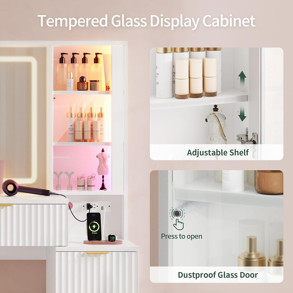 Big Vanity Desk, Fluted Makeup Vanity with Mirror Lights, Dressing Table | Large, Charging Station, Sound Sync Chasing LED Lights, Wood Vanities, Luxury Glass Cabinets, 8 Drawers, Girls, Women