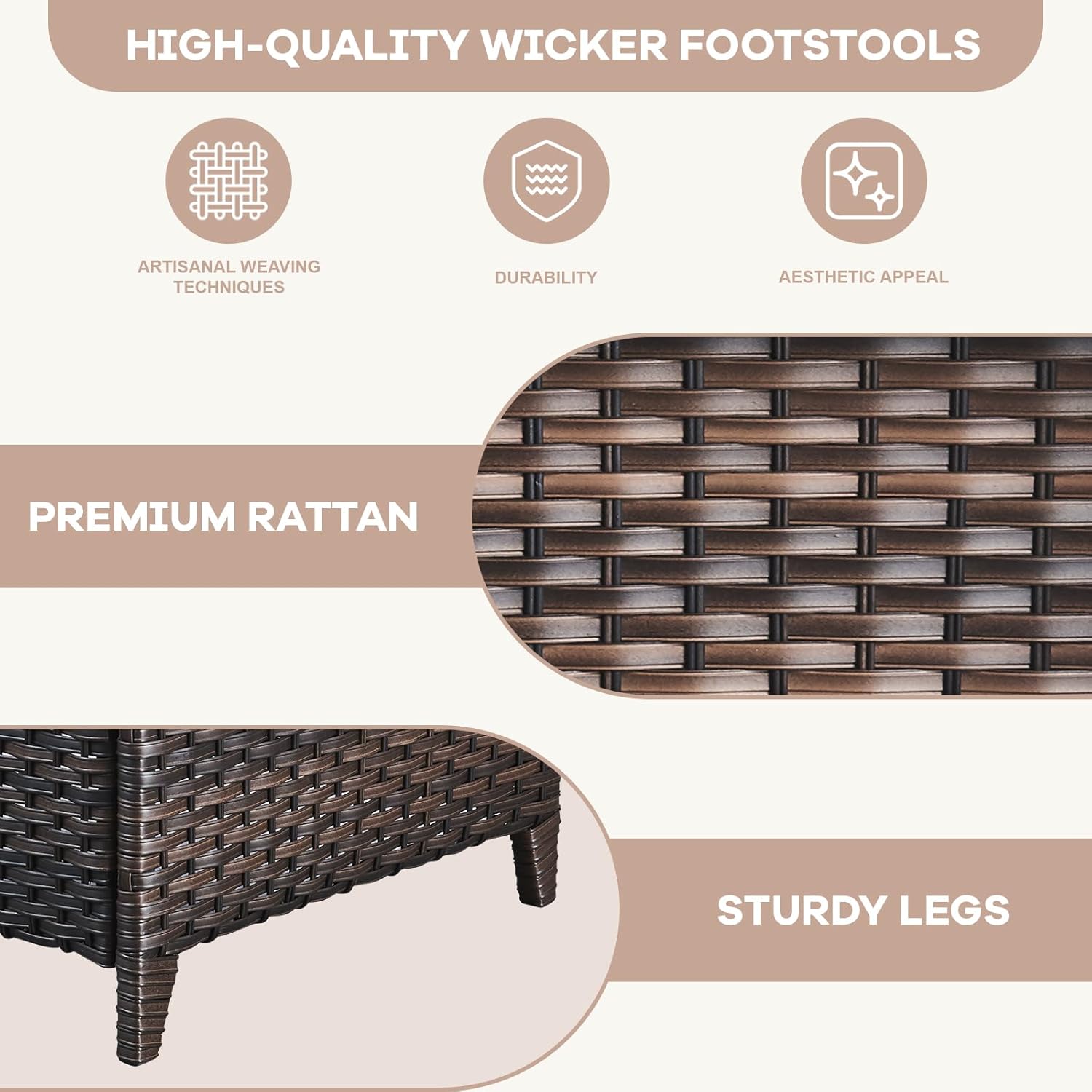Patio Ottomans Set of 2 Outdoor Ottomans Wicker Foot Stools 2 Piece Footrest PE Rattan Ottomans with Thickened Cushions for Patio Garden Porch Balcony Poolside Deck, Brown|Blue