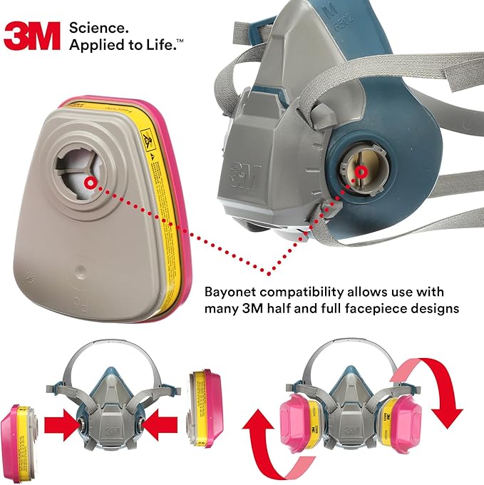 3M P100 Respirator Cartridge/Filter 60923, 1 Pair, NIOSH Approved, Helps Protect Against Organic Vapors, Acid Gases, and Particulates, Magenta, Yellow